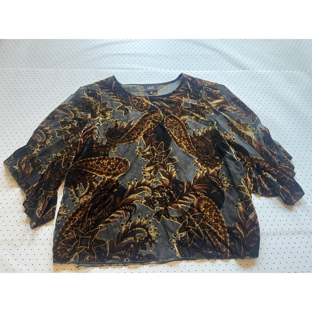 W5 Velvet Burnout Paisley Mesh Top Y2K Sheer Boho Bronze Brown Floral Large